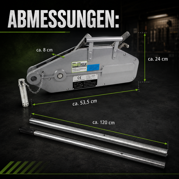 Trutzholm Seilzug Abmessungen: Länge circa 53,5 Zentimeter, Höhe circa 24 Zentimeter, Breite circa 8 Zentimeter, Hebelarmlänge circa 120 Zentimeter.