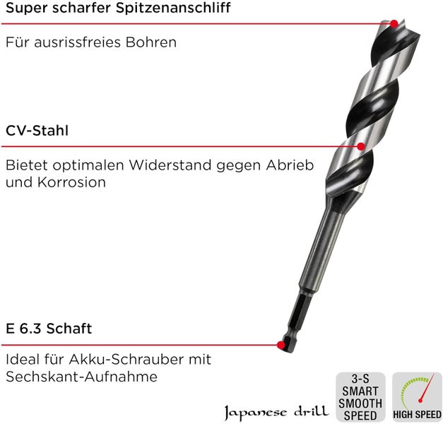 kwb 3-S Japan Schlangenbohrer ø 22 mm, 235 mm aus blankgeschliffenem CV-Stahl mit superscharfem Spitzenanschliff, Zentrierspitze und E 6.3 Schaft