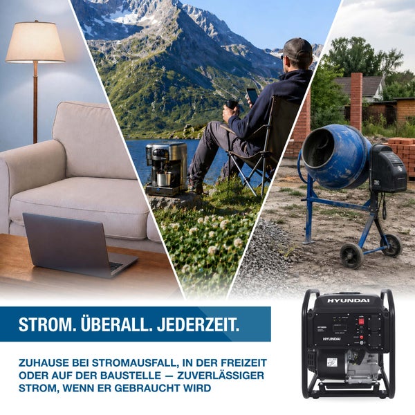 Hyundai Stromerzeuger für Haushalt, Camping und Baustelle sowie Abbildung des Inverter Geräts mit Hyundai Logo.