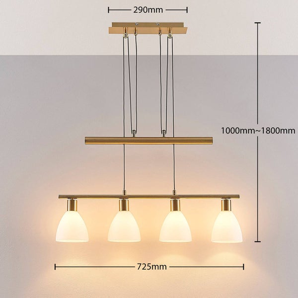 Lindby Hängelampe 4 flammig, höhenverstellbar Esstisch Pendelleuchte Glas Metall Messing matt Hängeleuchte Esszimmer Wohnzimmer Küche Bar Balkenpendelleuchte