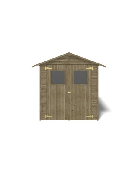 Gartenhaus aus Holz mit Satteldach, Doppeltür und zwei Fenstern.