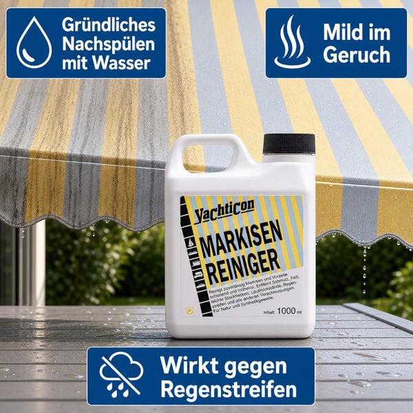 Yachticon Markisenreiniger 1000 Milliliter Flasche zur Reinigung von Markisenstoffen mit Symbolen für Wasseranwendung, Geruch und Regenschmutz.