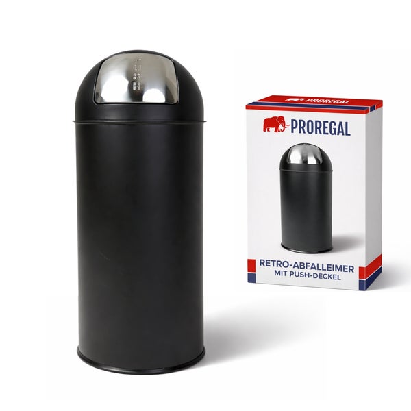 Schwarzer Retro Abfalleimer aus Metall mit silbernem Push-Deckel und Verpackung mit Proregal Logo.
