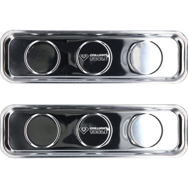 Zwei rechteckige Magnet-Teileschalen aus Edelstahl mit drei runden Magnetzonen und Brilliant Tools Logo.
