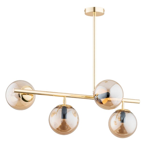 Moderne Pendelleuchte mit vier Glaskugeln und Metallgestell in glänzender Oberfläche