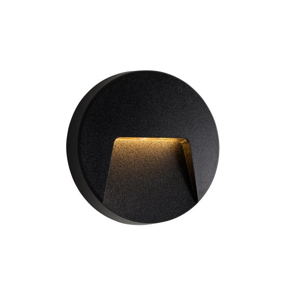 Runde schwarze Außenwandleuchte mit strukturierter Oberfläche und indirekter, warmer LED-Beleuchtung.