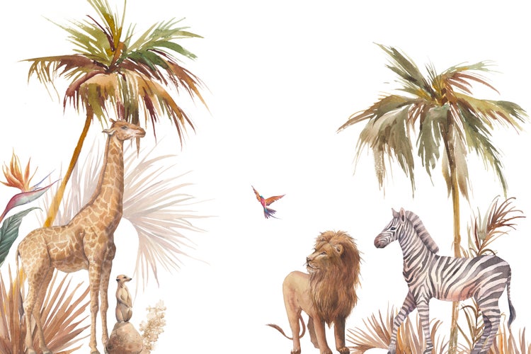 Tapete mit Aquarellmotiv von afrikanischen Wildtieren wie Giraffe, Löwe und Zebra unter Palmen für eine lebendige Wandgestaltung.