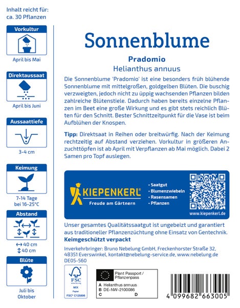 Saatguttüte Sonnenblume Pradomio von Kiepenkerl mit Anbauinformationen, Keimanleitung und Pflanzpass.