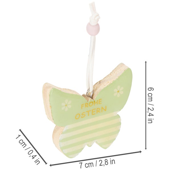 Hängedekoration Schmetterling aus Holz mit der Aufschrift Frohe Ostern