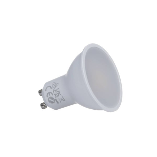 Weiße GU10 LED-Reflektorlampe mit Symbolen für europäische Konformität und fachgerechte Entsorgung.