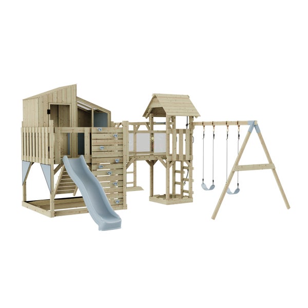 Holzspielplatz mit Spielhaus, Rutsche, Kletterwand und Schaukel