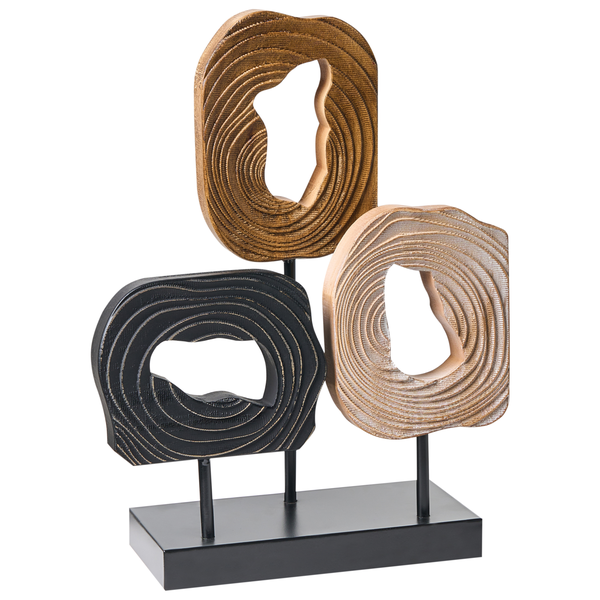 Dekorative Holzskulptur mit drei abstrakten Formen auf einem Sockel