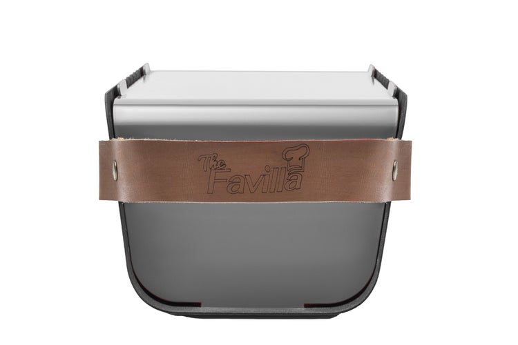 The Favilla FUMO mobiler Holzkohlegrill (48x17x11 cm) in Grau – 2-in-1 Grill mit Edelstahlrost & Spießhalterung – Inkl. Tragetasche für Camping