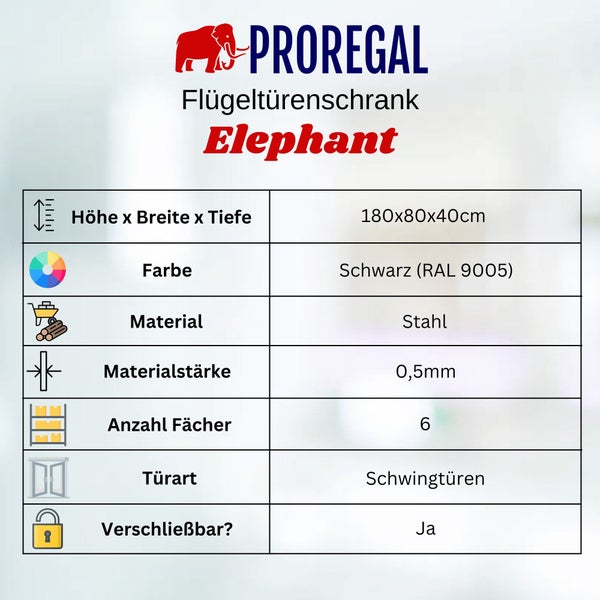 Proregal Flügeltürenschrank Elephant: Höhe 180 Zentimeter, Breite 80 Zentimeter, Tiefe 40 Zentimeter, Farbe Schwarz, Material Stahl, Materialstärke 0,5 Millimeter, 6 Fächer, Schwingtüren, abschließbar