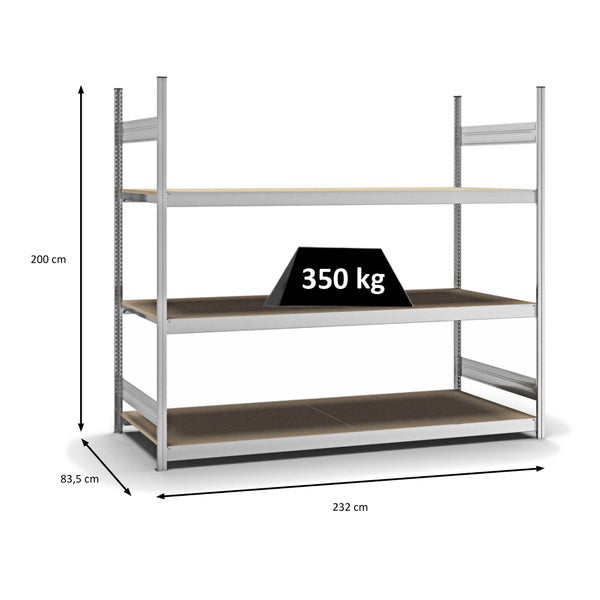 PROREGAL Weitspannregal Stecksystem T-Profil Grundregal HxBxT 200x225x80 cm 3 Ebenen Spanplatten Fachboden Fachlast 350 kg Verzinkt