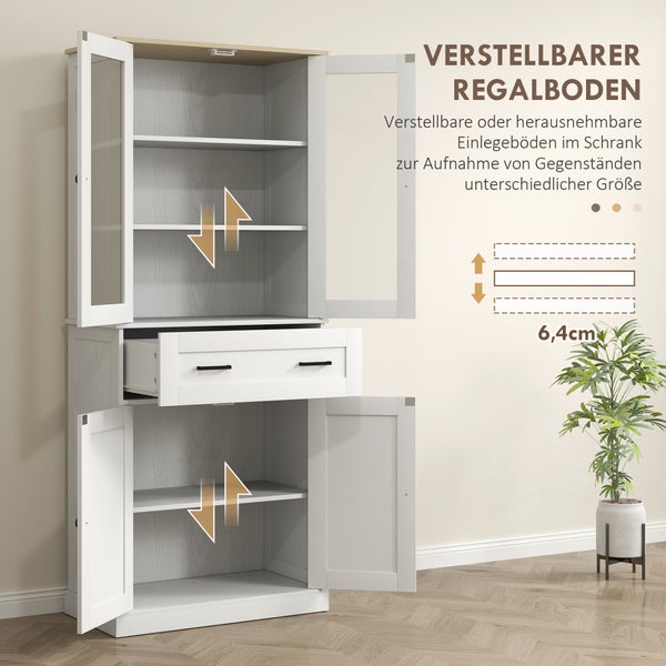 Hoher weißer Schrank mit Glastüren, Schublade und höhenverstellbaren Einlegeböden im Abstand von 6,4 Zentimetern.