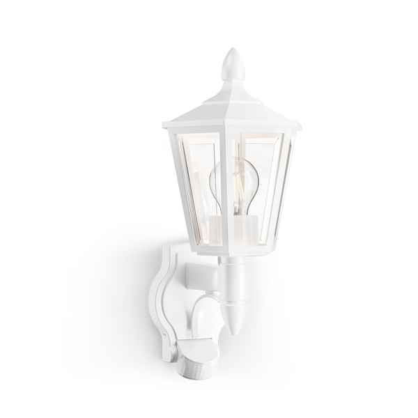 Weiße Außenwandleuchte in Laternenform mit Bewegungsmelder und klarem Glas.