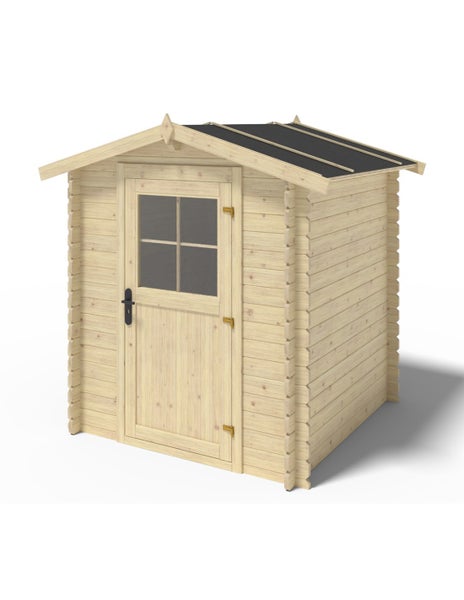 Gartenhaus aus Holz mit Satteldach und einer Einzeltür mit Sichtfenster für die Aufbewahrung von Gartengeräten