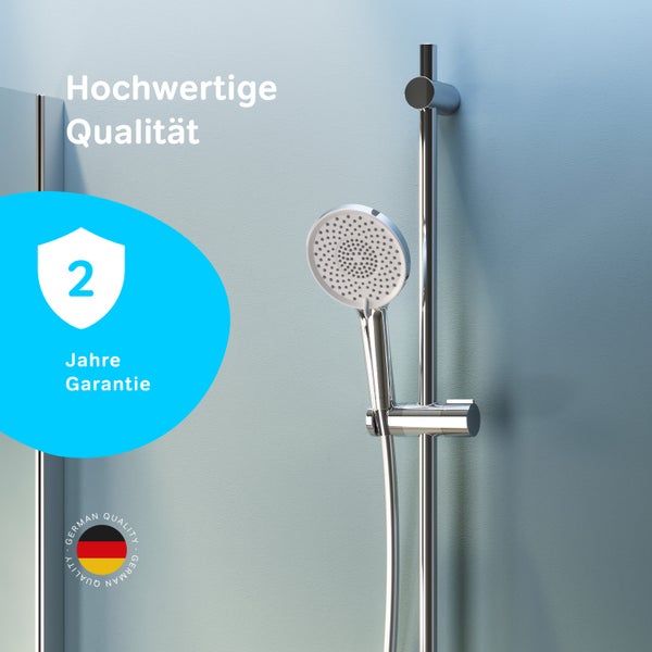 Duschset mit Handbrause und Duschstange, inklusive zwei Jahren Garantie und dem Siegel für deutsche Qualität.