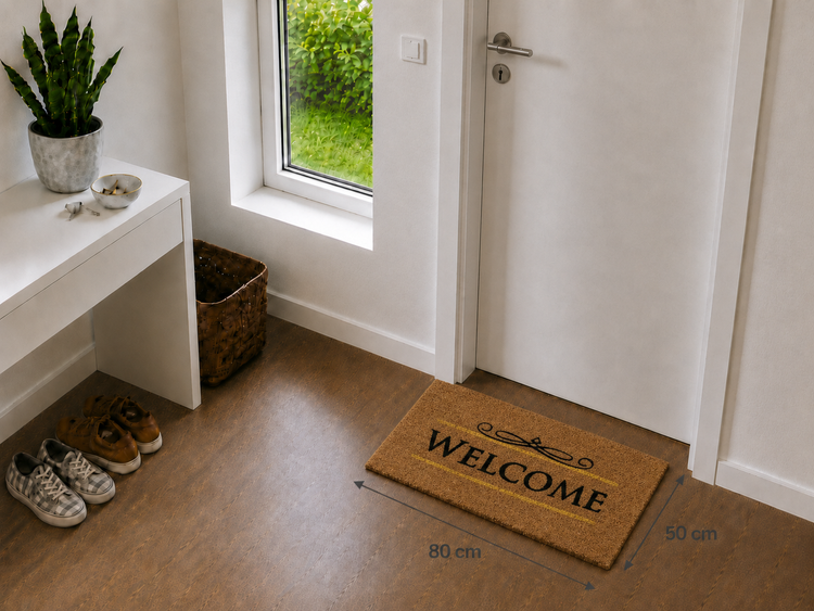 Kokos-Fußmatte mit Welcome-Schriftzug und Ornament im hellen Eingangsbereich, Maße 80 mal 50 Zentimeter.