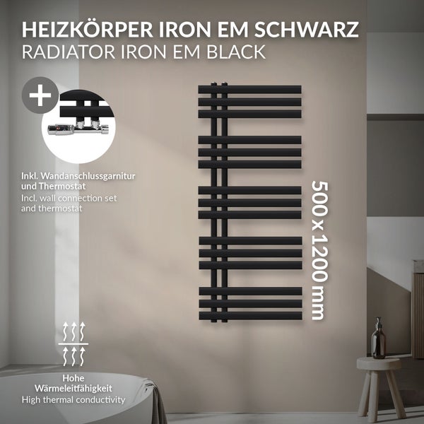 Schwarzer Heizkörper Iron EM mit Wandanschlussgarnitur und Thermostat, 500 x 1200 Millimeter