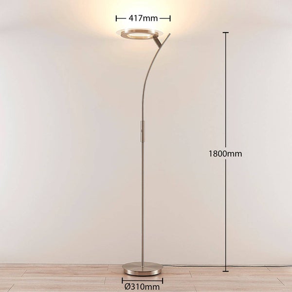 Moderne LED-Stehleuchte mit Uplighter aus Metall, Höhe 1800 Millimeter, Durchmesser oben 417 Millimeter, Fuß Durchmesser 310 Millimeter.