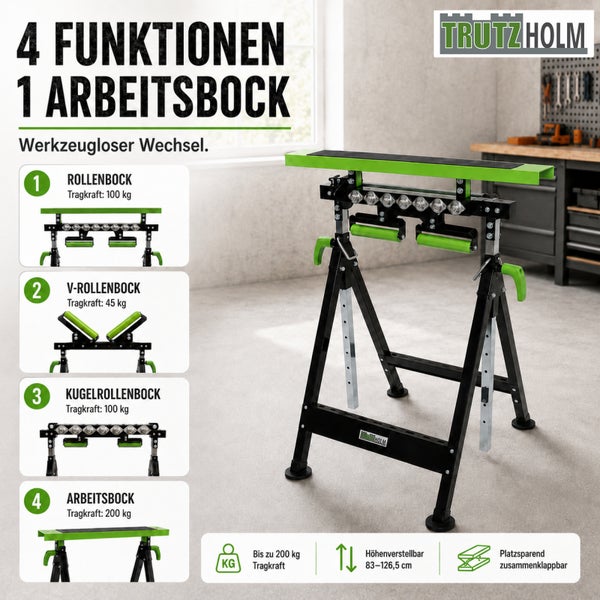 Trutzholm 4-in-1 Arbeitsbock mit Rollen-, V-Rollen- und Kugelrollenfunktion. Höhenverstellbar, klappbar, Tragkraft bis 200 Kilogramm. Trutzholm Logo.