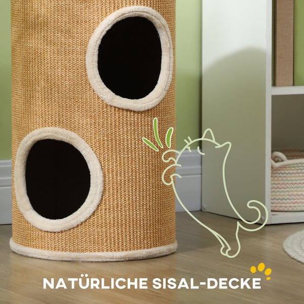PawHut Kratztonne, 60 cm Hoch Katzentonne mit 2 Höhle, Kratzbaum, Katzenturm aus Sisal, für Katze bis 5 kg, Braun