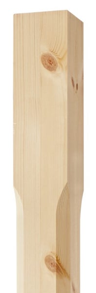 Holzpfosten aus Fichte oder Kiefer mit sichtbarer Maserung und Astlöchern, quadratischer Kopf mit abgeflachten Kanten im unteren Bereich.