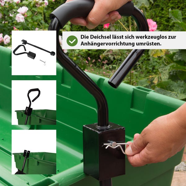 Gartenwagen mit Deichsel zum werkzeuglosen Umrüsten für Anhängerbetrieb