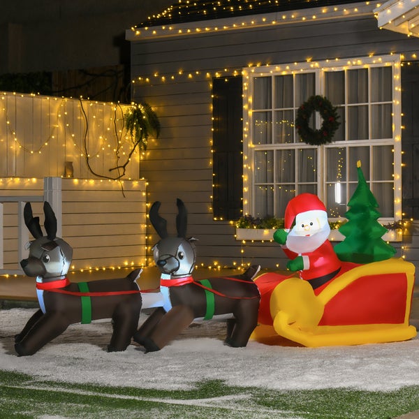 HOMCOM LED Figur, Motiv Weihnachtsmann mit Schlitten und Rentieren, aufblasbar, beleuchtet Garten, IP 44,  L230 x B60 x H120 cm, 190D Polyester, warm weiß