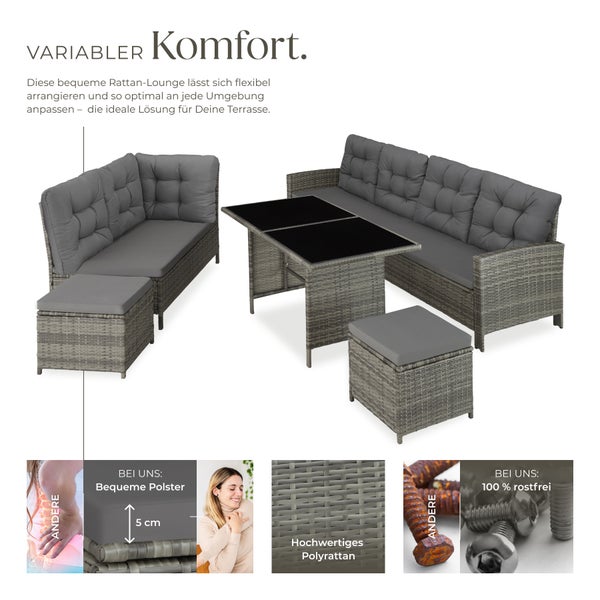 Rattan Lounge tectake Barletta mit Sicherheitsglasplatten für 6 bis 8 Personen grau/beige