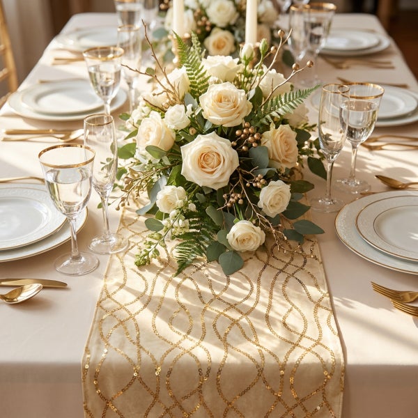 Festlich gedeckter Esstisch mit eleganter Tischdecke, goldenem Tischläufer, weißem Blumengesteck aus Rosen und goldenen Akzenten für Anlässe.