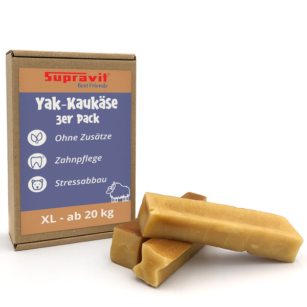 Supravit Yak Kaukäse XL in der 3er Packung für Hunde ab 20 Kilogramm als natürliche Zahnpflege und zur Beschäftigung.
