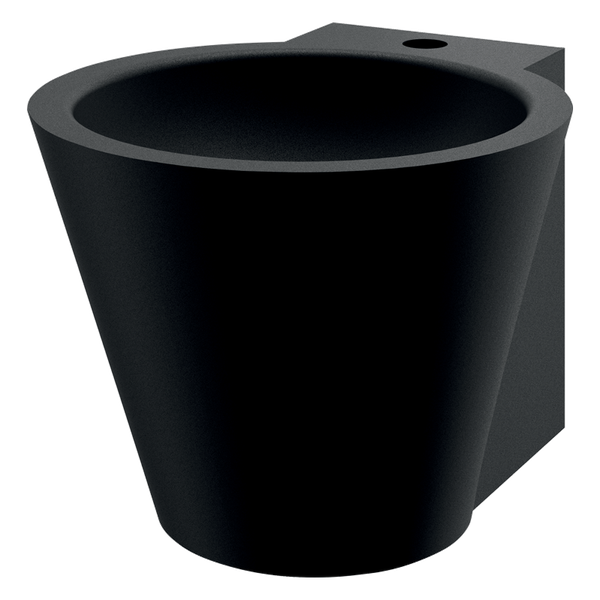 Wand-Handwaschbecken in Schwarz, matte Oberfläche, runde Form mit Hahnloch.