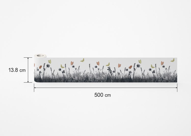 Selbstklebende Bordüre mit Gräsern, Blumen und Schmetterlingen, 13,8 Zentimeter mal 500 Zentimeter.