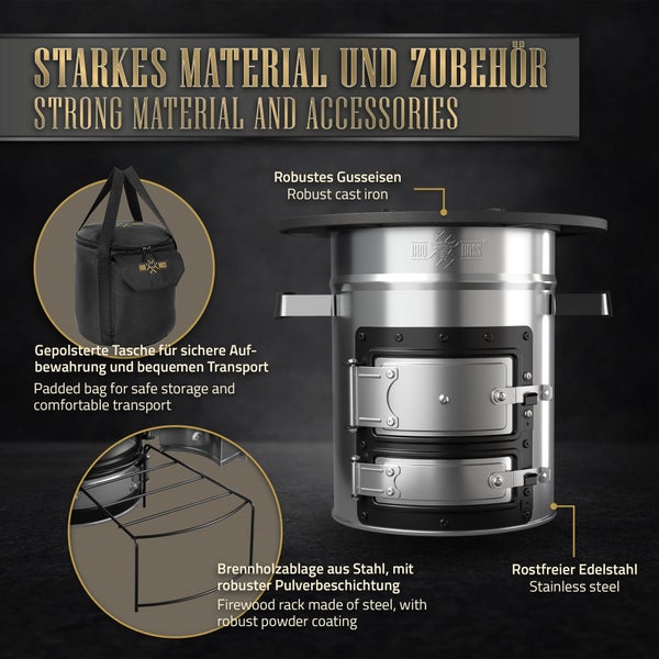 BBQ#BOSS Raketenofen mit Grillpfanne, Tragetasche und Power Ring, Silber, Campingkocher Holz mit Brennholzständer, Camping BBQ Holzofen zum Kochen, Outdoor-Küche, Raketenherd Dutch Oven Campinggrill
