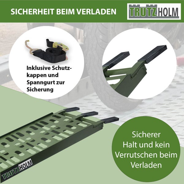 Trutzholm Logo. Bild zeigt eine Verladebrücke mit Spanngurt und Schutzkappen für sicheres Verladen