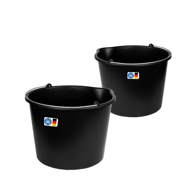 Zwei schwarze Eimer mit Metallbügel und Umweltzeichen Blauer Engel.