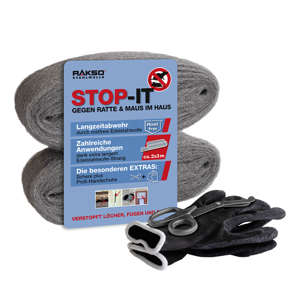 Rakso Stahlwolle Stop-It Set gegen Ratten und Mäuse bestehend aus zwei Rollen Edelstahlwolle, einer Schere und Arbeitshandschuhen.