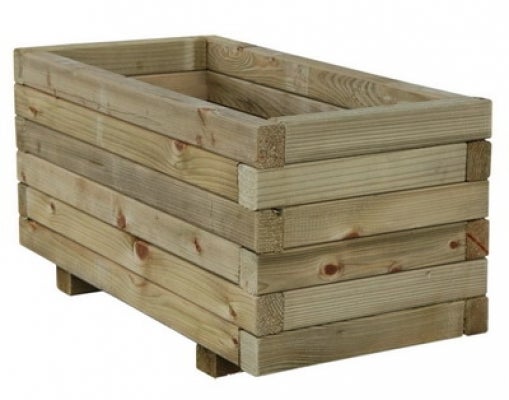 Rechteckiger Pflanzkasten aus massiven Holzbohlen mit Füßen.