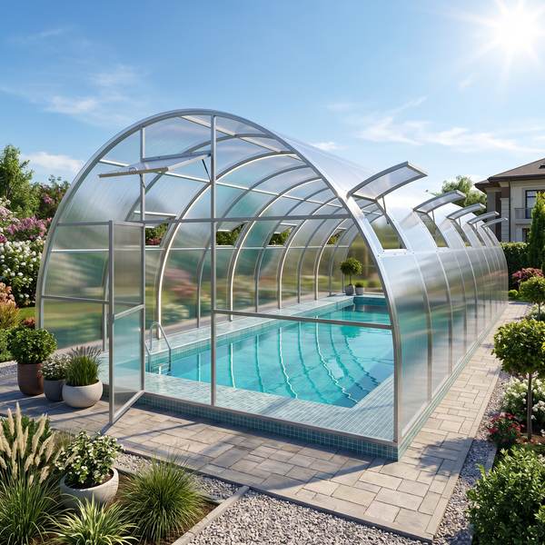 Großes, überdachtes Schwimmbecken mit einer gewölbten Poolüberdachung aus transparenten Kunststoffelementen und Aluminiumrahmen in einem Garten.