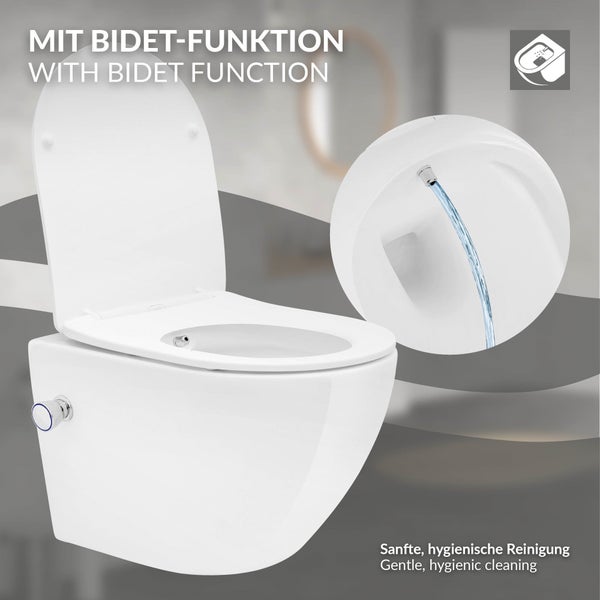 LuxeBath Wand WC Spülrandlos mit Bidet-Funktion, Weiß, Tiefspüler Keramik Hänge WC, kurz 49cm, Dusch WC mit Nano Beschichtung, Tornadospülung, Glänzende Kloschüssel Hängend mit WC-Sitz Absenkautomatik