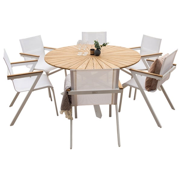 Mexico Gartenset Tisch Ø140cm natur, 6 Stühle weiß. 140 X 140 X 76 cm