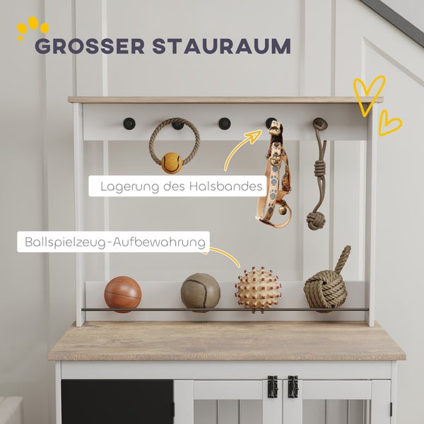 PawHut Hundekäfig für Zuhause, Hundehaus mit Haken, 3 Türen, Hundebox mit Aufbewahrungsregal für Spielzeug, Radiergummi, Schreibtafel, für große Hunde, Weiß