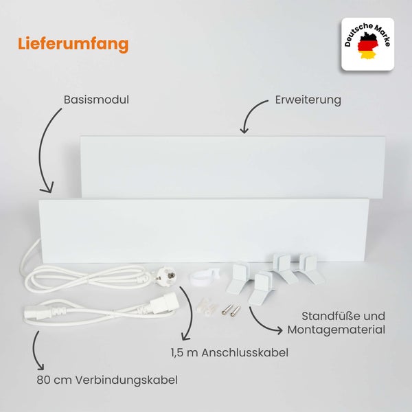 Lieferumfang: Basismodul, Erweiterung, 1,5 Meter Anschlusskabel, 80 Zentimeter Verbindungskabel, Standfüße, Montagematerial. Deutsche Marke.