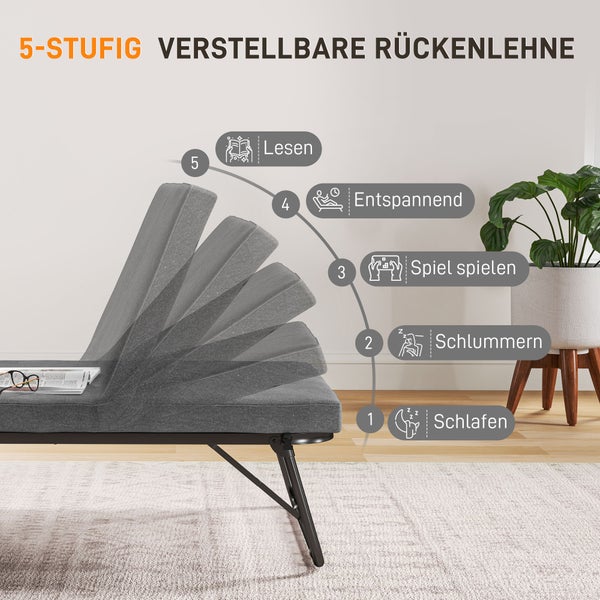 HOMCOM Klappbett 70 x 190 cm Gästebett klappbar mit 7cm Schaumstoff Matratze, verstellbares Rückenlehne, Reisebett mit Rollen, Leinenoptik für Büro, Gästezimmer, Dunkelgrau