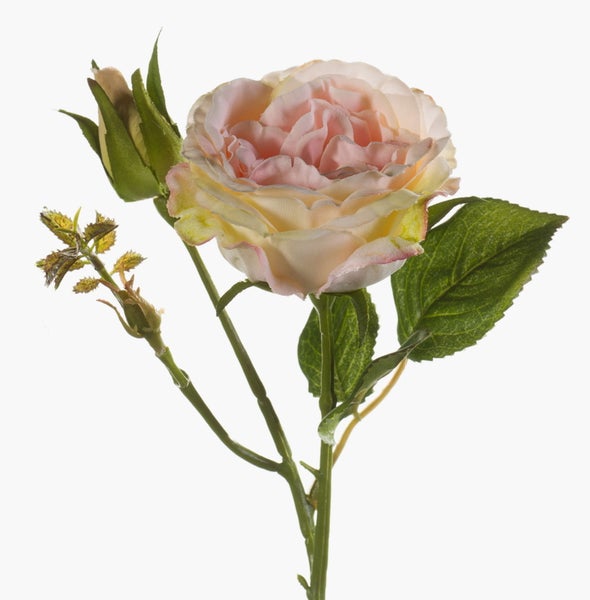 Künstlicher Rosenzweig mit einer teilgeöffneten Knospe, einer geschlossenen Knospe, grünem Stiel und Blättern.