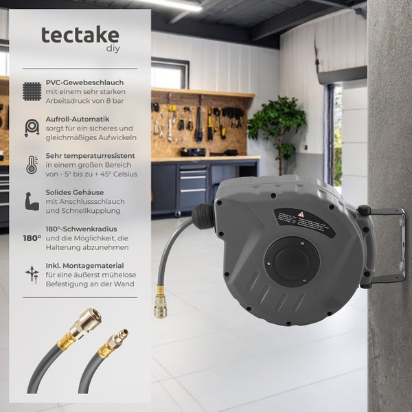 Druckluftschlauch mit Trommel tectake  inklusive Montagematerial mit ¼ Zoll Schnellkupplung grau
