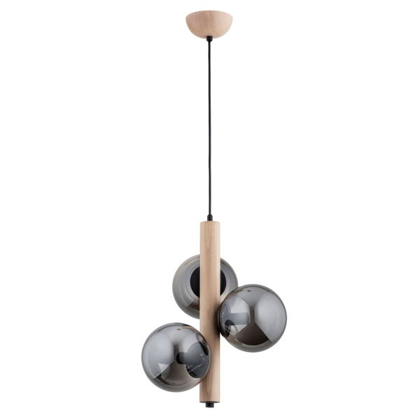 Moderne Pendelleuchte mit Holzelement und drei runden Glaskugeln als Lampenschirme für ein stilvolles Design.